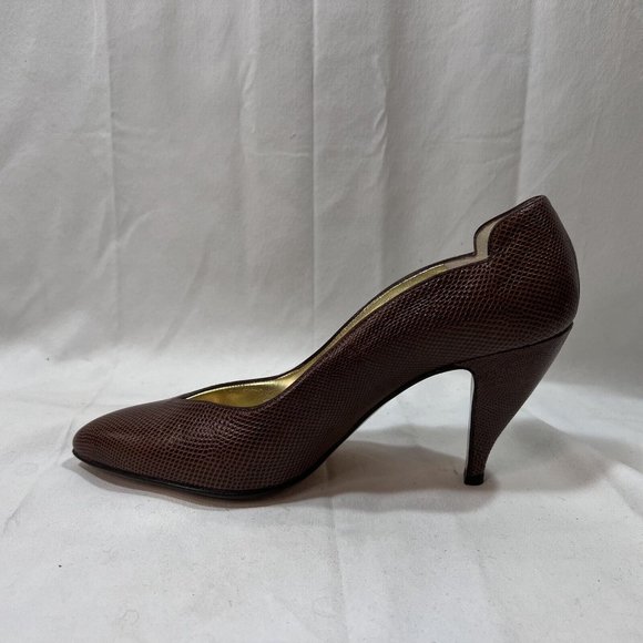 Vintage Walter Steiger Heels Pumps Sz 7.5 AA Brown Embossed Leather Handmade Ita - Picture 3 of 14